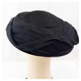 Black Pillbox Hat with Netting & Rhinestone Brooch - Fascinator
