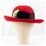 Red Felt Cloche Hat with Black Lace Band and Floral Accent