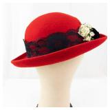 Red Felt Cloche Hat with Black Lace Band and Floral Accent