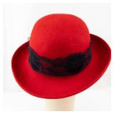 Red Felt Cloche Hat with Black Lace Band and Floral Accent