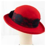 Red Felt Cloche Hat with Black Lace Band and Floral Accent