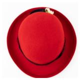 Red Felt Cloche Hat with Black Lace Band and Floral Accent