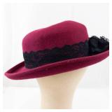 Fedora Hat - Burgundy Wool Felt with Black Lace Band
