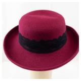 Fedora Hat - Burgundy Wool Felt with Black Lace Band