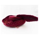 Burgundy Velvet Pillbox Hat with Feather & Netting