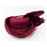Burgundy Velvet Pillbox Hat with Feather & Netting
