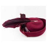 Burgundy Velvet Pillbox Hat with Feather & Netting
