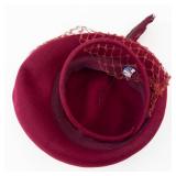 Burgundy Velvet Pillbox Hat with Feather & Netting