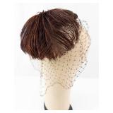 Hat - Vintage Black Velvet Cloche with Brown Feather & Net Veil