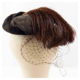 Hat - Vintage Black Velvet Cloche with Brown Feather & Net Veil