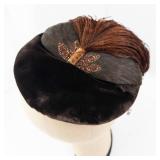 Hat - Vintage Black Velvet Cloche with Brown Feather & Net Veil