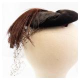 Hat - Vintage Black Velvet Cloche with Brown Feather & Net Veil