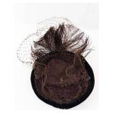 Hat - Vintage Black Velvet Cloche with Brown Feather & Net Veil
