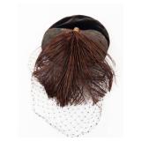 Hat - Vintage Black Velvet Cloche with Brown Feather & Net Veil