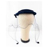 Navy Velvet Pillbox Hat with Net Veil - Vintage Fascinator
