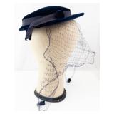 Navy Velvet Pillbox Hat with Net Veil - Vintage Fascinator