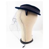 Navy Velvet Pillbox Hat with Net Veil - Vintage Fascinator