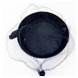 Navy Velvet Pillbox Hat with Net Veil - Vintage Fascinator