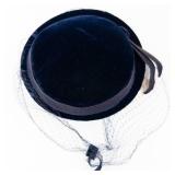 Navy Velvet Pillbox Hat with Net Veil - Vintage Fascinator