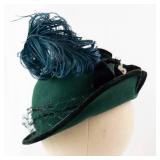 Mademoiselle Cloche Hat - Green Felt with Teal Feather & Velvet Ribbon Trim