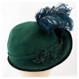 Mademoiselle Cloche Hat - Green Felt with Teal Feather & Velvet Ribbon Trim