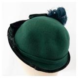 Mademoiselle Cloche Hat - Green Felt with Teal Feather & Velvet Ribbon Trim