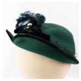 Mademoiselle Cloche Hat - Green Felt with Teal Feather & Velvet Ribbon Trim