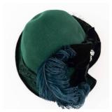 Mademoiselle Cloche Hat - Green Felt with Teal Feather & Velvet Ribbon Trim