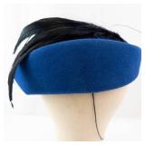 Sonni Lancasters Blue Felt Cloche Hat With Black Feather Accent