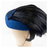 Sonni Lancasters Blue Felt Cloche Hat With Black Feather Accent