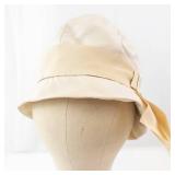 Beige Cloche Hat with Wide Satin Ribbon Band - Vintage Style