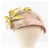 Vintage Pink Velvet Hat - Floral Yellow Leaves with Netting