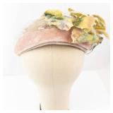 Vintage Pink Velvet Hat - Floral Yellow Leaves with Netting