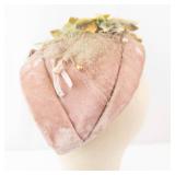 Vintage Pink Velvet Hat - Floral Yellow Leaves with Netting