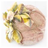 Vintage Pink Velvet Hat - Floral Yellow Leaves with Netting
