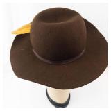 GAP Brown Felt Fedora Hat - Wide Brim Size M/L with Yellow Feather