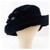Velvet Cloche Hat with Feather & Flower Accent - Black, Medium