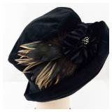Velvet Cloche Hat with Feather & Flower Accent - Black, Medium