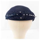 Genuine Velour Navy Beret with Rhinestone Rosette Trim & Feather