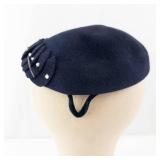 Genuine Velour Navy Beret with Rhinestone Rosette Trim & Feather