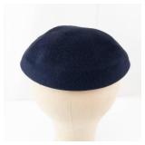 Genuine Velour Navy Beret with Rhinestone Rosette Trim & Feather