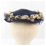 Vintage Navy Blue Hat with Cream Floral Trim & Netting - Fascinator Style