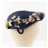 Vintage Navy Blue Hat with Cream Floral Trim & Netting - Fascinator Style