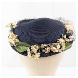 Vintage Navy Blue Hat with Cream Floral Trim & Netting - Fascinator Style