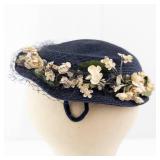 Vintage Navy Blue Hat with Cream Floral Trim & Netting - Fascinator Style