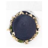 Vintage Navy Blue Hat with Cream Floral Trim & Netting - Fascinator Style