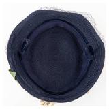 Vintage Navy Blue Hat with Cream Floral Trim & Netting - Fascinator Style