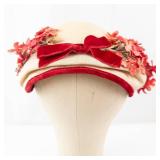 Floral Fascinator Headpiece - Pink Coral Flowers & Red Velvet Trim