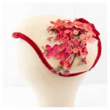 Floral Fascinator Headpiece - Pink Coral Flowers & Red Velvet Trim