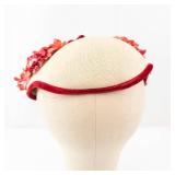 Floral Fascinator Headpiece - Pink Coral Flowers & Red Velvet Trim